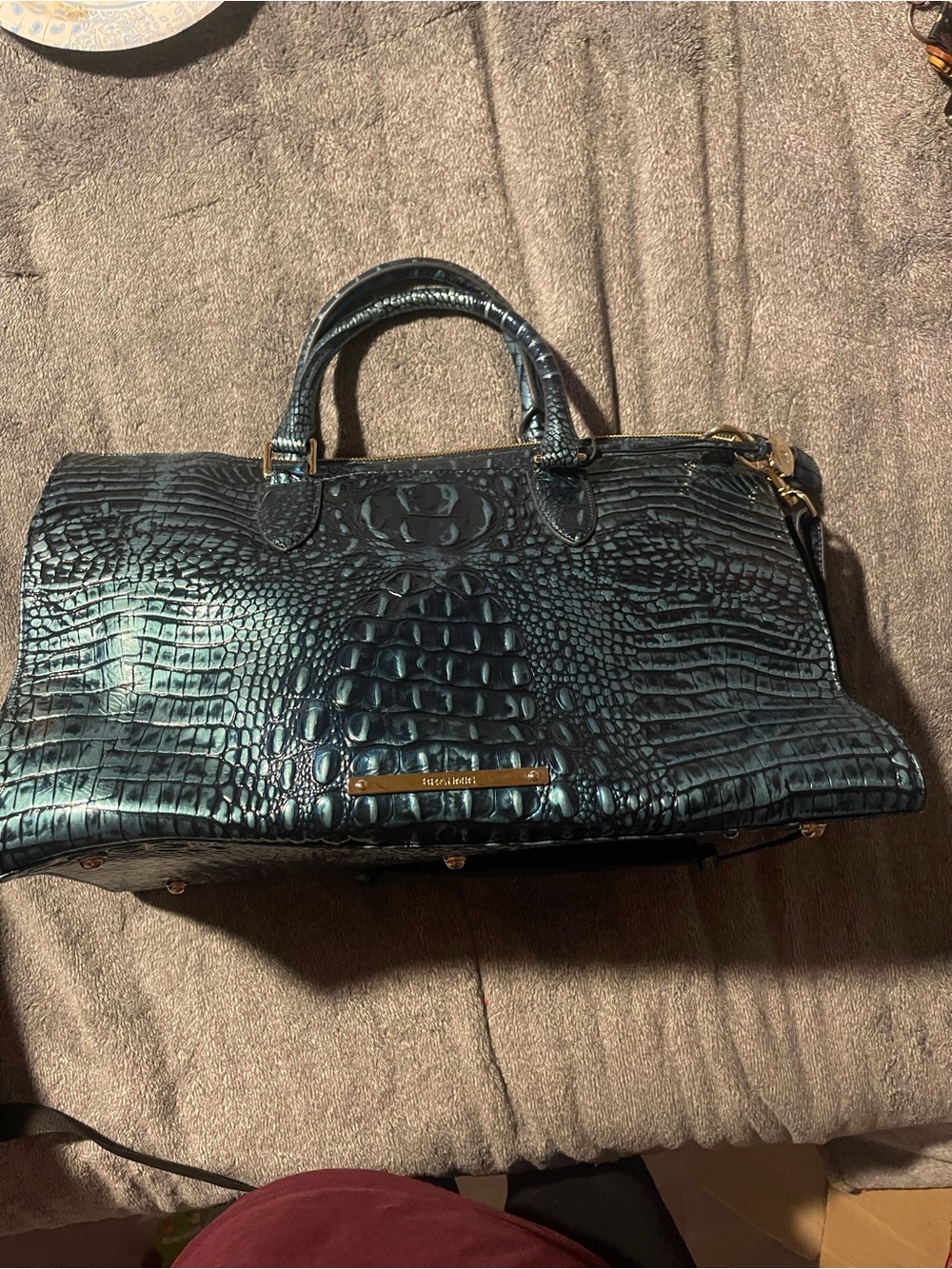 Brahmin Teal Croc-Embossed Satchel with Gold Hardware